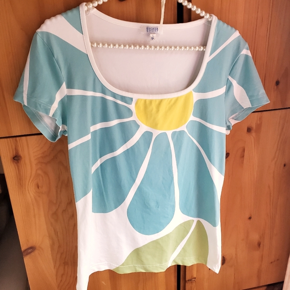 Escada Sport Women's White Floral Print Short Sleeve Top Size Large